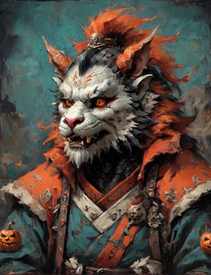 (close up, head and shoulders portrait:1.3), anthromorphic ( manticore :1.4) (neck and chest fur:1.5), (wearing a jack-o-lantern mask;1.7), jack-o-lantern , samurai helmet, oni_horns, samurai , black samurai armor, red, aqua, orange, blue , white and black color scheme , (dark Halloween background:1.2), Disney pixar style,Ukiyo-e,ink,colorful,shogun