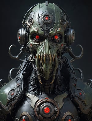 A male, (cybernetic robot:3), biomechanical, (Cthulhu:3) , wearing intricate necromancer armor . red eyes, Best quality rendering, serious face expression. Dark night,cinematic lighting,dark art ,Fog, head and shoulders portrait , hyper-detailed oil painting, art by Greg Rutkowski and (Norman Rockwell:1.5) , illustration style, symmetry , mideval dungeon setting , huayu