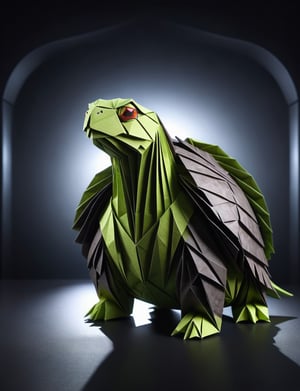 (head and shoulders portrait:2), (angry glaring villian paper turtle:2), menacing expression, wearing super hero outfit, made out of folded paper, origami,  light and delicate tones, clear contours, cinematic quality, dark background, highly detailed, chiaroscuro, ral-orgmi
