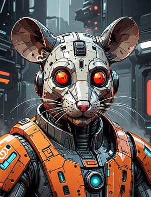 (close up, head and shoulders portrait:1.5), An extremely detailed 1970s retro-future anthropomorphic mouse robot, centered, 1970s minimal geometric background, red, orange, black and white tones, masterpiece, epic, sharp focus, emitting diodes, smoke, artillery, sparks, racks, system unit, motherboard, by pascal blanche rutkowski repin artstation painting concept art of detailed character design matte painting, 4 k resolution blade runner, dark muted background, detailed, comic book