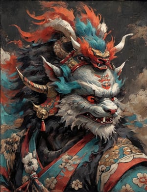 (close up, head and shoulders portrait:1.3), anthromorphic ( manticore :1.4) neck and chest fur, samurai helmet, oni_horns, samurai , black samurai armor, red, aqua, orange, blue , white and black color scheme , (dark background:1.2), Disney pixar style,Ukiyo-e,ink,colorful,shogun