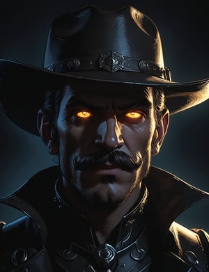 (head and shoulders portrait:1.2), vampire cowboy , (wide handlebar mustache:1.3), cowboy hat , holographic glowing eyes, wearing power armor outfit , (outline sketch style:1.5), surreal fantasy, close-up view, chiaroscuro lighting, no frame, hard light,Expressiveh,concept art,dark theme