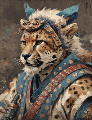 (close up, head and shoulders portrait:1.3), (anthromorphic cheetah :1.6), oni_horns, samurai , samurai armor , brown, blue, violet , white and black color scheme , (dark background:1.2), Ukiyo-e,ink,colorful,shogun