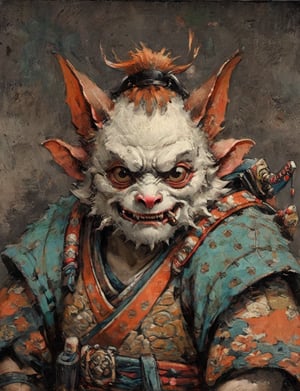 (close up, head and shoulders portrait:1.3), anthromorphic ( fuzzy bat creature :1.6), oni_horns, samurai , samurai armor , brown, tangerine, teal , white and black color scheme , (dark background:1.2), Ukiyo-e,ink,colorful,shogun
