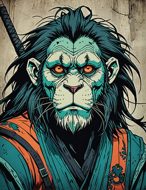 (close up, head and shoulders portrait:1.5), red, orange, green, teal, aqua, blue, violet gradient ,(anthromorphic lion capuchin :1.5), samurai, wearing samurai armor, (strong outline sketch style:1.5), symmetrical features, gritty fantasy, (darkest dungeon art style :1.4), dark muted background, detailed, one_piece_wano_style, Dark Manga of,anime screencap,Dark Anime of