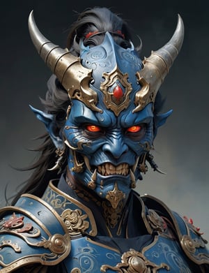 A male, blue phantom, cybernetic robot, biomechanical, painted oni face mask, dragon helm, large sharp teeth, roaring , wearing intricate samurai armor . red eyes, Best quality rendering, serious face expression. Dark night,cinematic lighting,dark art ,Fog, head and shoulders portrait , hyper-detailed oil painting, art by Greg Rutkowski and (Norman Rockwell:1.5) , illustration style, symmetry , mideval dungeon setting , huayu