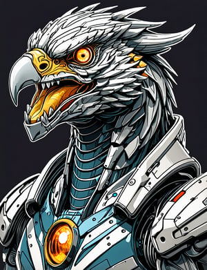 (close up, head and shoulders portrait:1.5), An extremely detailed (1970s retro-future:1.2) anthropomorphic eagle dragon robot, centered, (strong outline sketch style:1.3), dark background, muted colors, detailed, comic book