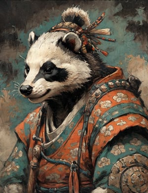 (close up, head and shoulders portrait:1.3), anthromorphic ( badger :1.6), oni_horns, samurai , samurai armor , brown, tangerine, teal , white and black color scheme , (dark background:1.2), Ukiyo-e,ink,colorful,shogun