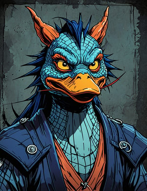 (close up, head and shoulders portrait:1.5), red, orange, blue, violet gradient ,(anthromorphic dragon duck :1.5), samurai, wearing samurai armor, (strong outline sketch style:1.5), symmetrical features, gritty fantasy, (darkest dungeon art style :1.4), dark muted background, detailed,one_piece_wano_style,Dark Manga of