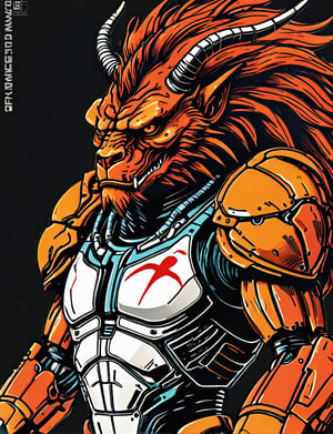 (close up, head and shoulders portrait:1.5), An extremely detailed 1970s retro-future anthropomorphic (oni :1.2) (manticore :1.4) robot, centered, (strong outline sketch style:1.5), (flat silkscreen art style:1.8), solid dark background, red, orange, sapphire, black and white tones, masterpiece, epic, by pascal blanche rutkowski repin artstation painting concept art of detailed character design matte painting, 4 k resolution blade runner, dark muted background, detailed, comic book,dcas_lora