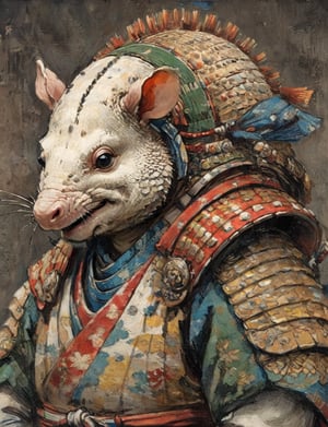 (close up, head and shoulders portrait:1.3), (anthromorphic armadillo :1.6), samurai , samurai armor , brown, green, yellow, blue , white and black color scheme , (dark background:1.2), Ukiyo-e,ink,colorful,shogun