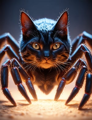 cat faced spider enchanted, Multiple light sources, fantasy, shadow, magic, gradient colors, high key, dungeon and dragons style, magic the gathering style, highly detailed