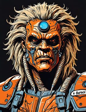 (close up, head and shoulders portrait:1.5), An extremely detailed 1970s retro-future anthropomorphic (joe immortan :1.2) (manticore :1.4) robot, centered, (strong outline sketch style:1.5), (flat silkscreen art style:1.9), (solid dark background:1.2), (red, orange, sapphire, black and white tones), masterpiece, epic, by pascal blanche rutkowski repin artstation painting concept art of detailed character design matte painting, 4 k resolution blade runner, dark muted background, detailed, comic book,dcas_lora