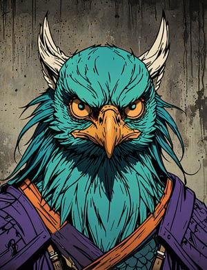 (close up, head and shoulders portrait:1.5), orange, green, teal, aqua, blue, violet gradient ,(anthromorphic eagle mouse:1.5), samurai, wearing samurai armor, (strong outline sketch style:1.5), symmetrical features, gritty fantasy, (darkest dungeon art style :1.4), dark muted background, detailed, one_piece_wano_style, Dark Manga of,anime screencap,Dark Anime of