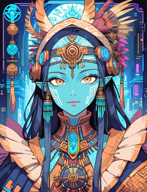 Churnstyle,cyberpunk,tarot card,4K UHD,studio ghibli style,neo-aztec,high-tech lowlife, ,nocturne,breakdomain,portraitart,portrait art style