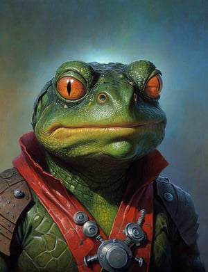 (head and shoulders portrait:1.2), (anthropomorphic poisonous dragon toad:1.4) neuromancer , wearing power armor outfit , surreal fantasy, close-up view, chiaroscuro lighting, no frame, hard light, art by Zdzisław Beksiński,digital artwork by Beksinski