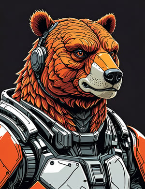 (close up, head and shoulders portrait:1.5), An extremely detailed (1970s retro-future:1.2) anthropomorphic grizzly bear dragon robot, centered, (strong outline sketch style:1.3), dark background, red, orange, black and white tones, muted colors, detailed, comic book