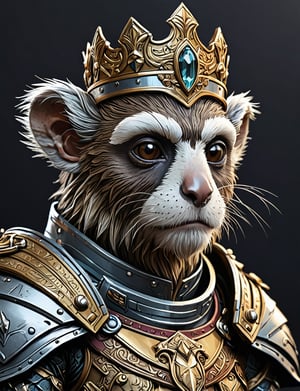 (close up, head and shoulders portrait:1.5), anthropomorphic tamarin knight, wearing gleaming armor, wearing crown, centered, (strong outline sketch style:1.3), dark background, muted colors, detailed, comic book