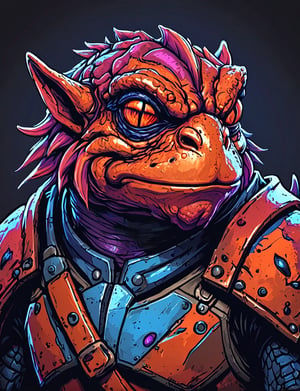 (close up, head and shoulders portrait:1.3), red and orange gradient , (anthromorphic toad manticore :1.6), wearing blue and violet sci-fi polycarbonate armor, (strong outline sketch style:1.5), gritty fantasy, (darkest dungeon art style :1.4), dark muted background, detailed