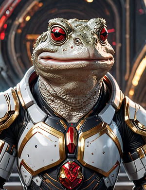 (head and shoulders portrait:1.2), Sci-Fi. (anthropomorphic toad:1.3), athletic build. ((white armor)).  wearing futuristic and highly cybernetic black armor. red ornaments, golden lines, Inspired by the art of Destiny 2 and the style of Guardians of the Galaxy
