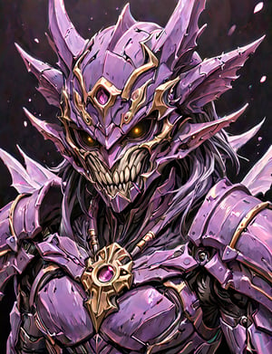 (head and shoulders portrait:1.2), a Warforged bat  , sentient construct of gleaming violet and black metal and gears, is dressed in intricately detailed armor. dark background , Inspired by the art of Destiny 2 and the style of Guardians of the Galaxy,art_booster