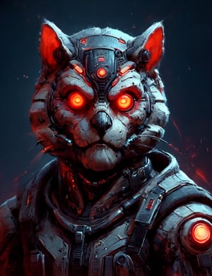 (close up, head and shoulders portrait:1.3), anthromorphic, High tech cybernetic (sugar glider :0.4) (owl:0.7), multi Eyes,Glowing red mechanical eyes, high-tech cybernetic body, futuristic power armor, bounty hunter ,xl_cpscavred,mad-cyberspace