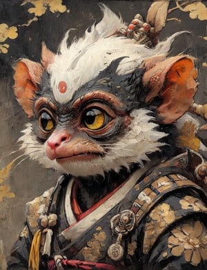 (close up, head and shoulders portrait:1.3), anthromorphic ( tarsier :1.2) dragon, samurai , black samurai armor, brown, yellow, white and black color scheme , (dark background:1.2), Disney pixar style,Ukiyo-e,ink,colorful,shogun