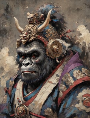 (close up, head and shoulders portrait:1.3), (anthromorphic gorilla :1.6), oni_horns, samurai , samurai armor , brown, blue, violet , white and black color scheme , (dark background:1.2), Ukiyo-e,ink,colorful,shogun