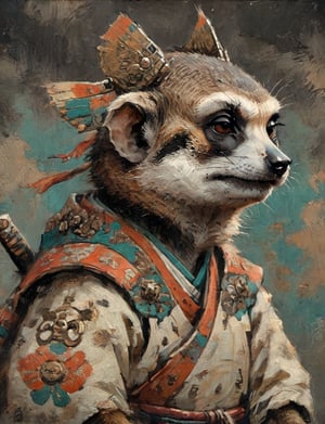 (close up, head and shoulders portrait:1.3), anthromorphic ( meerkat :1.6), oni_horns, samurai , samurai armor , brown, tangerine, teal , white and black color scheme , (dark background:1.2), Ukiyo-e,ink,colorful,shogun