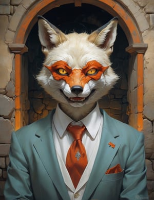 creative magic creature art, creature fusion ( fox :1.6) (ogre :1.8), female, eyelashes, (bioluminescence :2), wearing business attire , glowing eyes, head and shoulders portrait , hyper-detailed oil painting, art by Greg Rutkowski and (Norman Rockwell:1.5) , illustration style, symmetry , inside a medieval dungeon, cracked stone walls , huayu