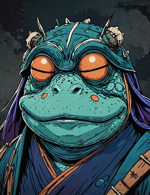 (close up, head and shoulders portrait:1.5), orange, teal, blue, violet gradient , (anthromorphic toad :1.5), samurai, wearing samurai armor, (strong outline sketch style:1.5), symmetrical features, gritty fantasy, (darkest dungeon art style :1.4), dark muted background, detailed,one_piece_wano_style,Dark Manga of