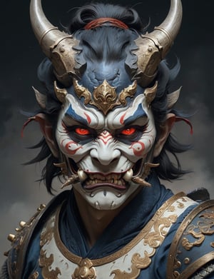A male, blue phantom, painted oni face mask, dragon helm, large sharp teeth, roaring , wearing intricate samurai armor . red eyes, Best quality rendering, serious face expression. Dark night,cinematic lighting,dark art ,Fog, head and shoulders portrait , hyper-detailed oil painting, art by Greg Rutkowski and (Norman Rockwell:1.5) , illustration style, symmetry , mideval dungeon setting , huayu