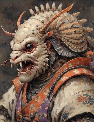 (close up, head and shoulders portrait:1.3), (anthromorphic isopod  :1.6), oni_horns, samurai , samurai armor , brown, tangerine, violet , white and black color scheme , (dark background:1.2), Ukiyo-e,ink,colorful,shogun