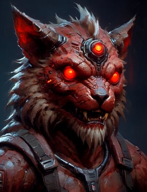 (close up, head and shoulders portrait:1.3), anthromorphic, High tech cybernetic (jackal :1.2) (manticore:1.7), multi Eyes,Glowing red mechanical eyes, high-tech cybernetic body, futuristic power armor, bounty hunter ,xl_cpscavred,mad-cyberspace,cyberpunk