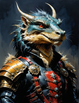 art by simon bisley, art by ralph steadman, art by vallejo, a masterpiece, stunning detail, (head and shoulders portrait:1.3), (anthropomorphic (dragon1.4)  (marmot :1.2) :1.3), supreme wearing black leather armor, creature fur scales , dark background 