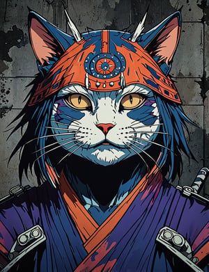 (close up, head and shoulders portrait:1.5), red, orange, blue, violet gradient ,(anthromorphic cat:1.5), samurai, wearing samurai armor, (strong outline sketch style:1.5), symmetrical features, gritty fantasy, (darkest dungeon art style :1.4), dark muted background, detailed, one_piece_wano_style, Dark Manga of,anime screencap,Dark Anime of