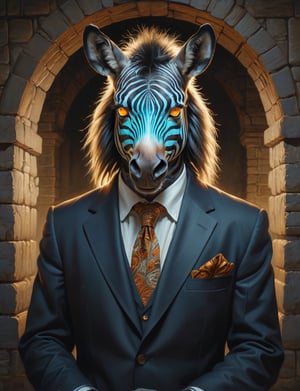 creative magic creature art, creature fusion ( zebra :1.6) (floof :1.8), (bioluminescence :2), wearing business suit, glowing eyes, head and shoulders portrait , hyper-detailed oil painting, art by Greg Rutkowski and (Norman Rockwell:1.5) , illustration style, symmetry , inside a medieval dungeon, cracked stone walls , huayu