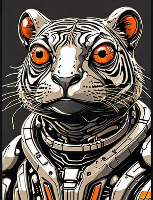 (close up, head and shoulders portrait:1.5), An extremely detailed 1970s retro-future anthropomorphic (frog:1.2) (tiger:1.4) robot, centered, (strong outline sketch style:1.5), (flat silkscreen art style:1.4), minimal dark background, red, orange, black and white tones, masterpiece, epic, sharp focus,, by pascal blanche rutkowski repin artstation painting concept art of detailed character design matte painting, 4 k resolution blade runner, dark muted background, detailed, comic book,dcas_lora