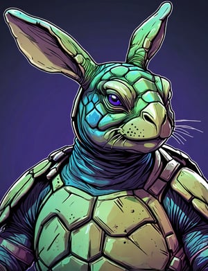 (close up, head and shoulders portrait:1.3), blue and green gradient , (anthromorphic turtle rabbit :1.6), rabbit ears, wearing blue and violet sci-fi polycarbonate armor, (strong outline sketch style:1.5), gritty fantasy, (darkest dungeon art style :1.4), dark muted background, detailed