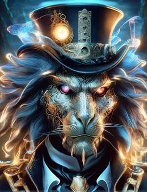 (head and shoulders portrait:1.2), (anthropomorphic manticore :1.3) as vampire , zorro mask, top hat , holographic glowing eyes, wearing steampunk armor outfit , (outline sketch style:1.5), surreal fantasy, close-up view, chiaroscuro lighting, no frame, hard light, in the style of esao andrews, DonM3lv3nM4g1cXL