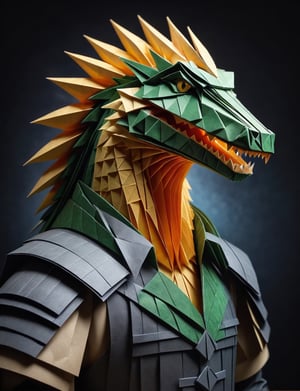 (head and shoulders portrait:2.5), (angry glaring villian paper crocodile warrior :2), menacing expression, wearing paper armor , made out of folded paper, origami,  light and delicate tones, clear contours, cinematic quality, dark background, highly detailed, chiaroscuro, ral-orgmi