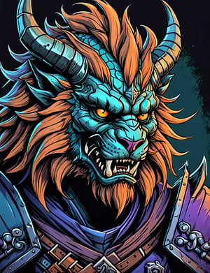 (close up, head and shoulders portrait:1.5), orange, teal, blue, violet gradient , (anthromorphic manticore :1.5), samurai wearing samurai armor, (strong outline sketch style:1.5), symmetrical features, gritty fantasy, (darkest dungeon art style :1.4), dark muted background, detailed