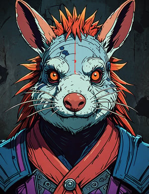 (close up, head and shoulders portrait:1.5), red, orange, blue, violet gradient ,(anthromorphic ((razorback)) reptile rabbit:1.5), samurai, wearing samurai armor, (strong outline sketch style:1.5), symmetrical features, gritty fantasy, (darkest dungeon art style :1.4), dark muted background, detailed, one_piece_wano_style, Dark Manga of,anime screencap,Dark Anime of