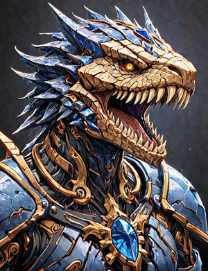 (head and shoulders portrait:1.2), a Warforged reptile  , sentient construct of gleaming sapphire  and black metal and gears, is dressed in intricately detailed armor. dark background , Inspired by the art of Destiny 2 and the style of Guardians of the Galaxy,art_booster