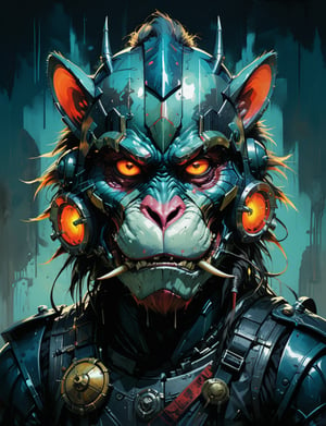 art by simon bisley, art by ralph steadman, art by vallejo, a masterpiece, stunning detail, (head and shoulders portrait:1.3), (anthropomorphic (death trooper:1.3)  (mandrill :1.7) oni :1.3), oni_horns, samurai helmet, neuromancer, cyberpunk, holographic glowing, glowing eyes, wearing black leather armor, creature fur scales , dark background , tangerine and teal color scheme 