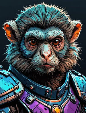 (close up, head and shoulders portrait:1.3), tangerine and teal, (anthromorphic marmoset :1.6), wearing blue and violet sci-fi polycarbonate armor, (strong outline sketch style:1.5), gritty fantasy, (darkest dungeon art style :1.4), dark muted background, detailed