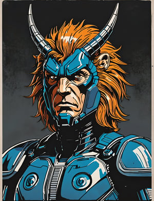 (close up, head and shoulders portrait:1.5), An extremely detailed 1970s retro-future anthropomorphic (magneto :1.2) (manticore :1.4) robot, centered, (strong outline sketch style:1.5), (flat silkscreen art style:1.9), (solid dark background:1.2), (retro color scheme), masterpiece, epic, by pascal blanche rutkowski repin artstation painting concept art of detailed character design matte painting, 4 k resolution blade runner, dark muted background, detailed, comic book,dcas_lora