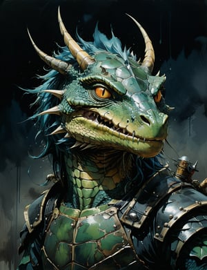 art by simon bisley, art by ralph steadman, art by vallejo, a masterpiece, stunning detail, (head and shoulders portrait:1.3), (anthropomorphic (dragon1.4)  (turtle :1.2) :1.3), supreme wearing black leather armor, creature fur scales , dark background 