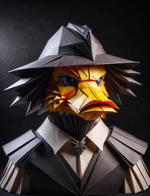 (head and shoulders portrait:2), (angry glaring villian paper duck:2), menacing expression, wearing paper armor , made out of folded paper, origami,  light and delicate tones, clear contours, cinematic quality, dark background, highly detailed, chiaroscuro, ral-orgmi