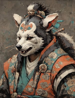 (close up, head and shoulders portrait:1.3), anthromorphic ( coatimundi :1.6), oni_horns, samurai , samurai armor , brown, tangerine, teal , white and black color scheme , (dark background:1.2), Ukiyo-e,ink,colorful,shogun